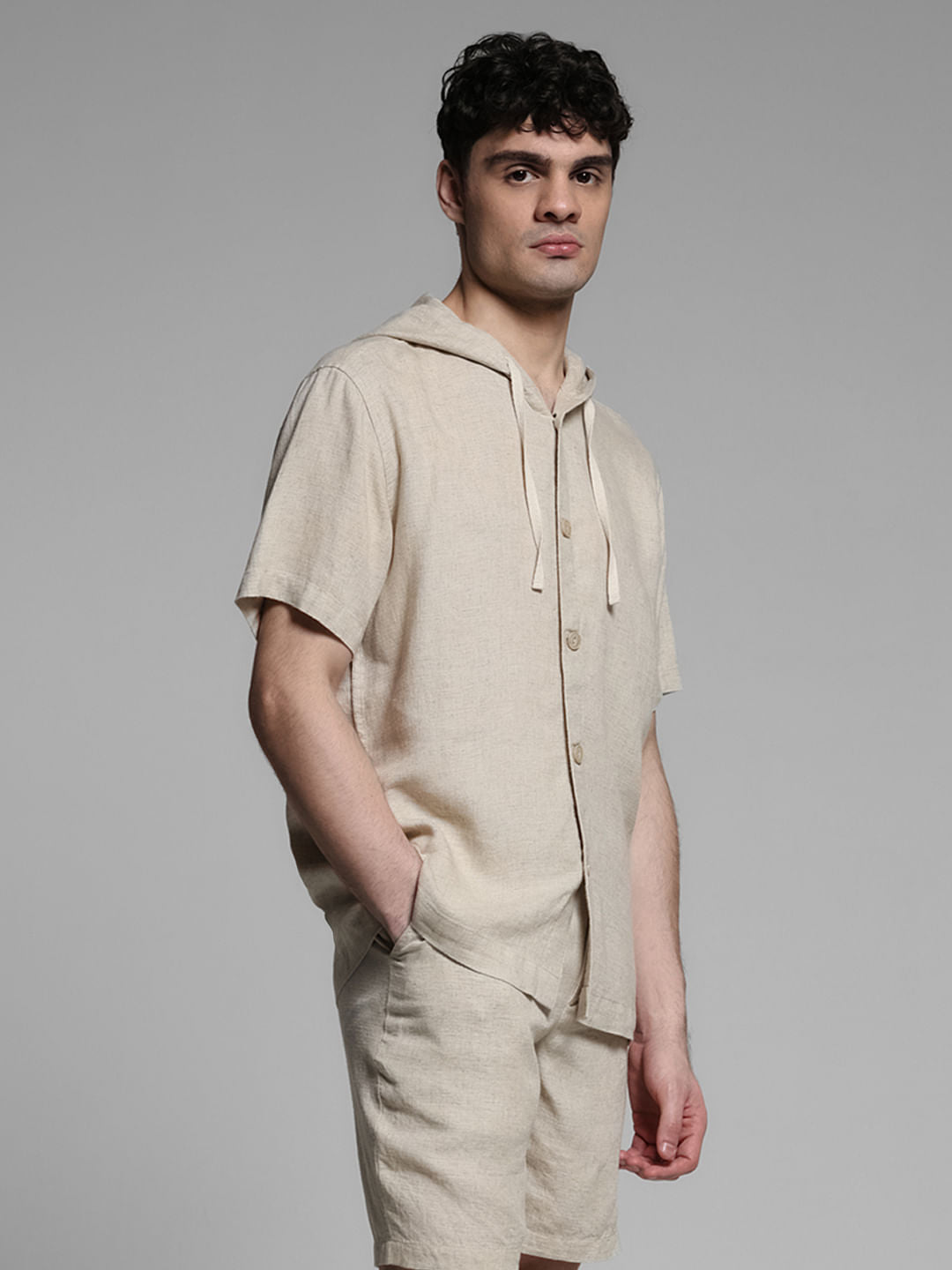 Beige Hooded Co-ord Set Shirt