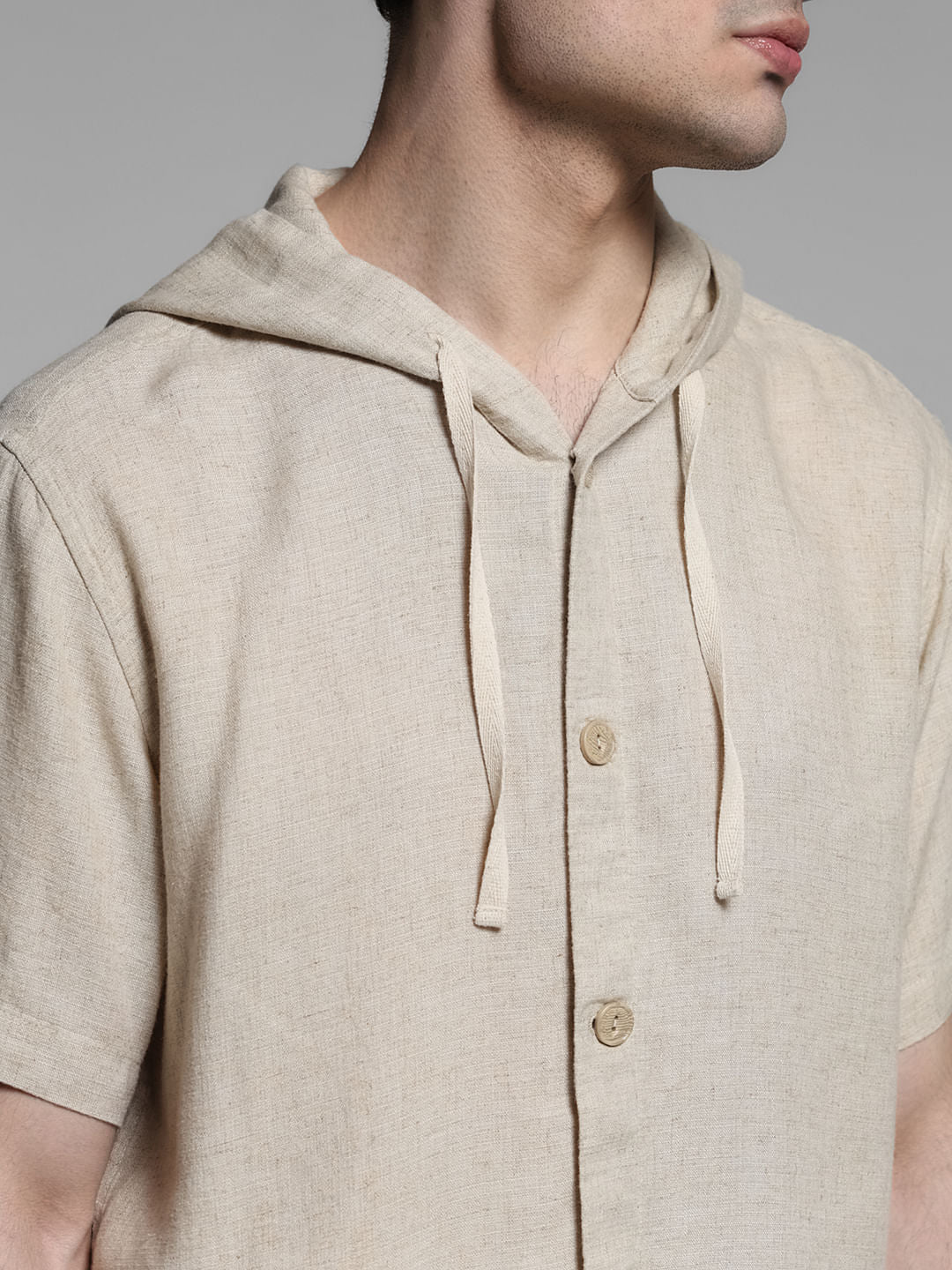 Beige Hooded Co-ord Set Shirt