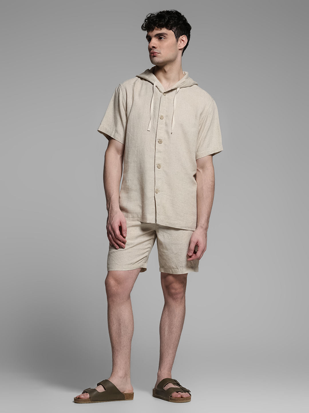 Beige Hooded Co-ord Set Shirt