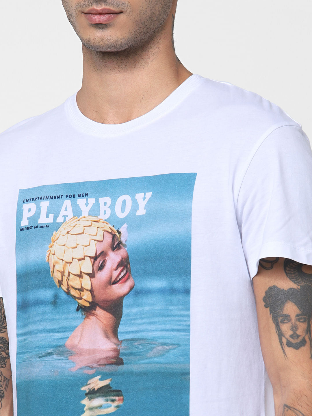 X Playboy White Chest Print Crew Neck T-Shirt