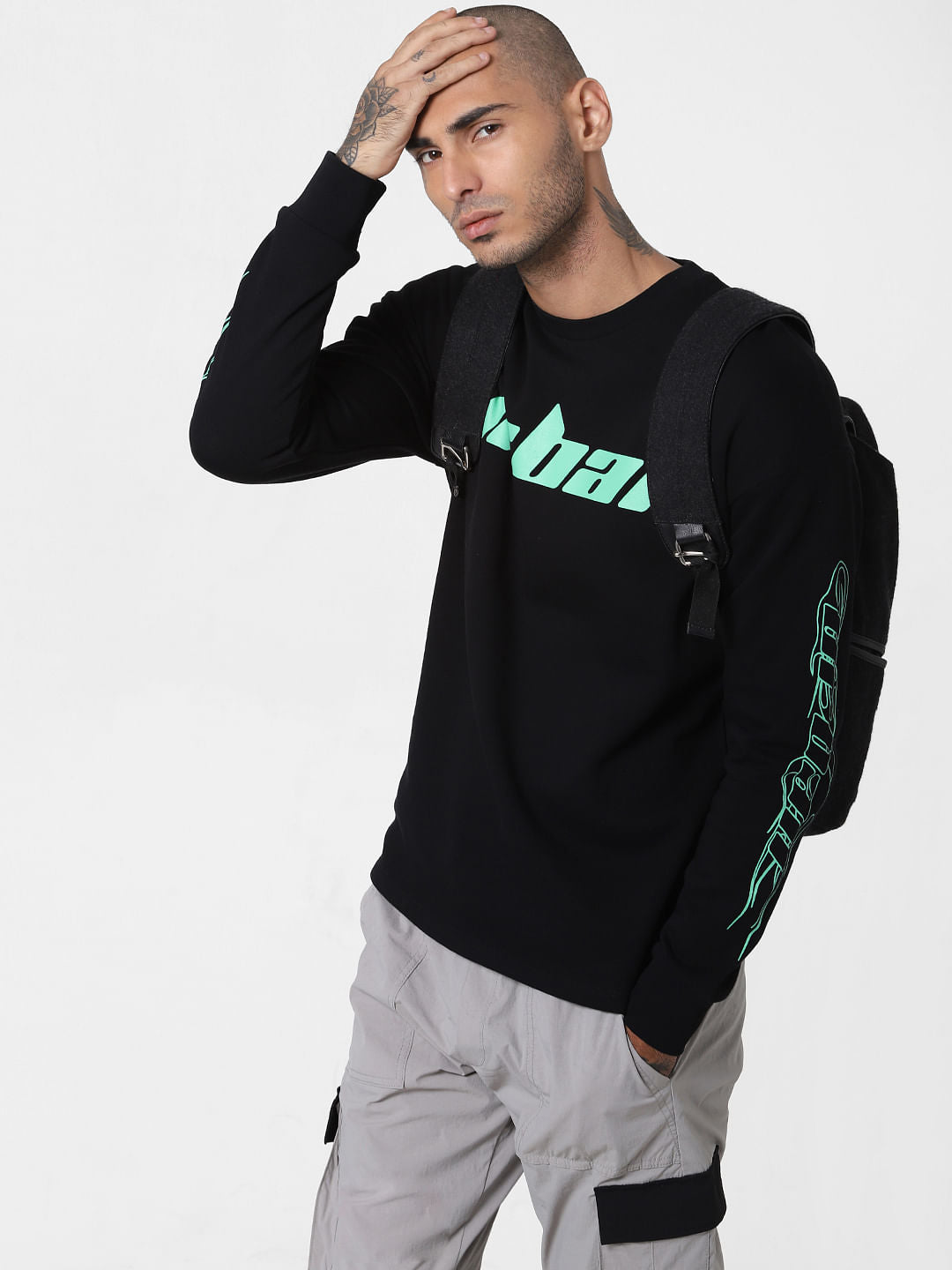 Black Text Print Crew Neck T-shirt