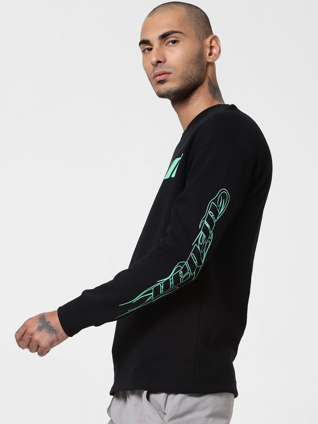 Black Text Print Crew Neck T-shirt