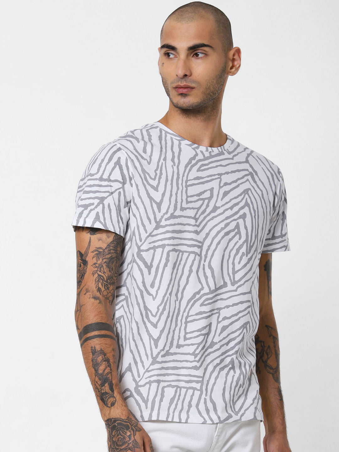White All Over Print Crew Neck T-shirt
