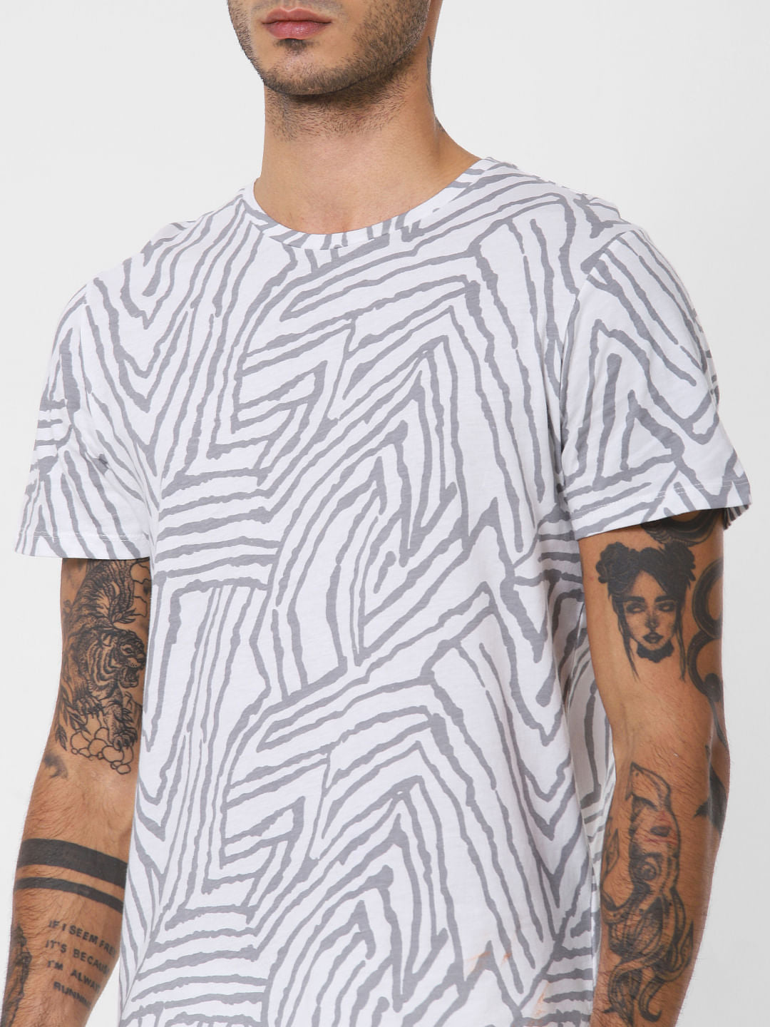 White All Over Print Crew Neck T-shirt