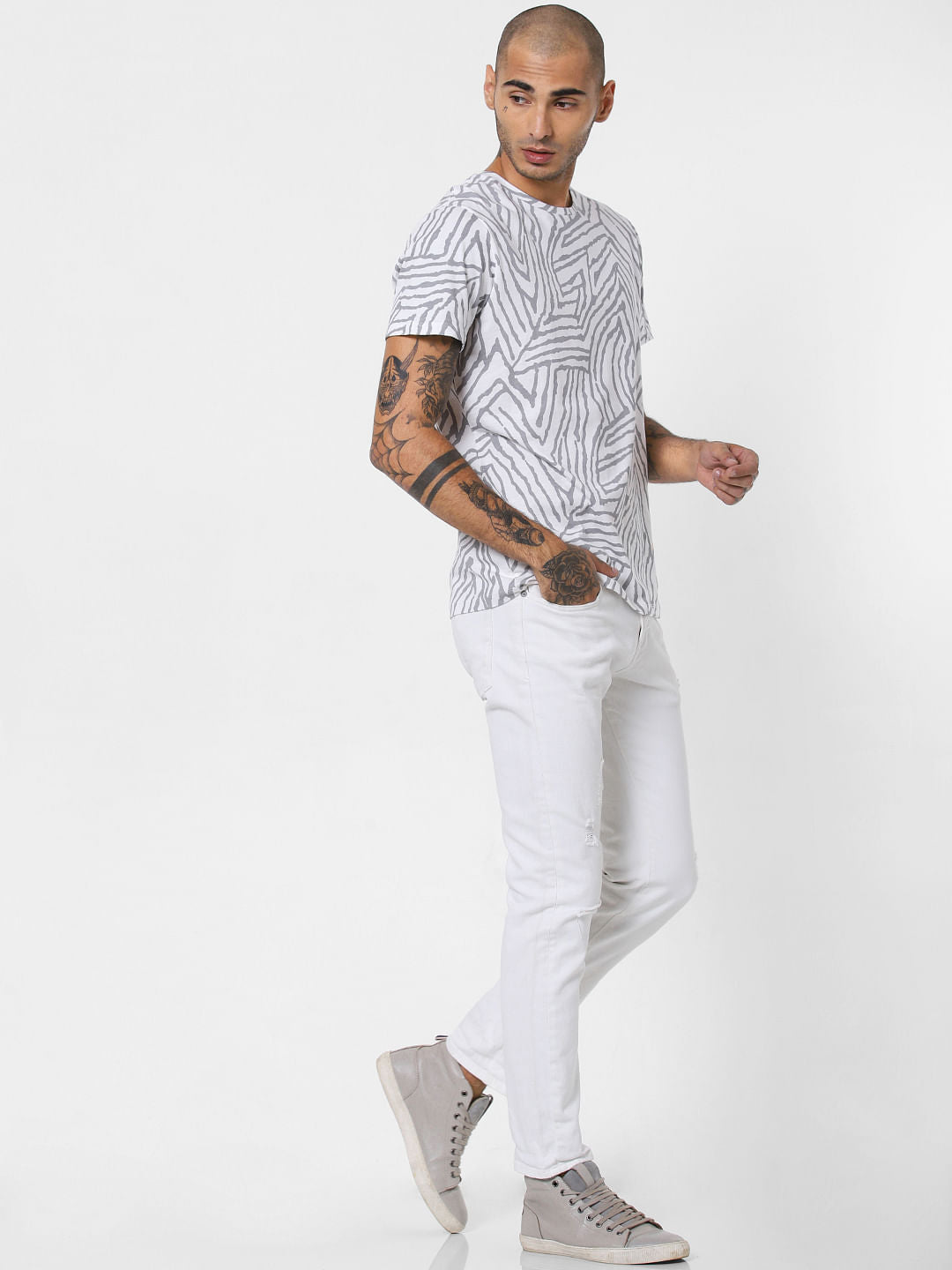 White All Over Print Crew Neck T-shirt