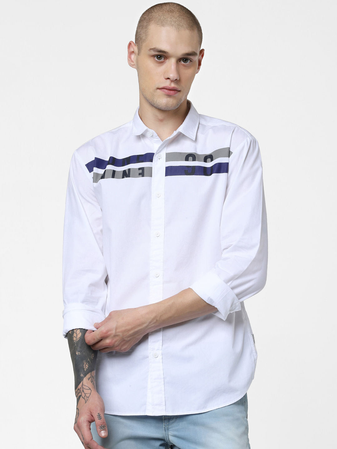 White Patch Print Full Sleeves Shirt