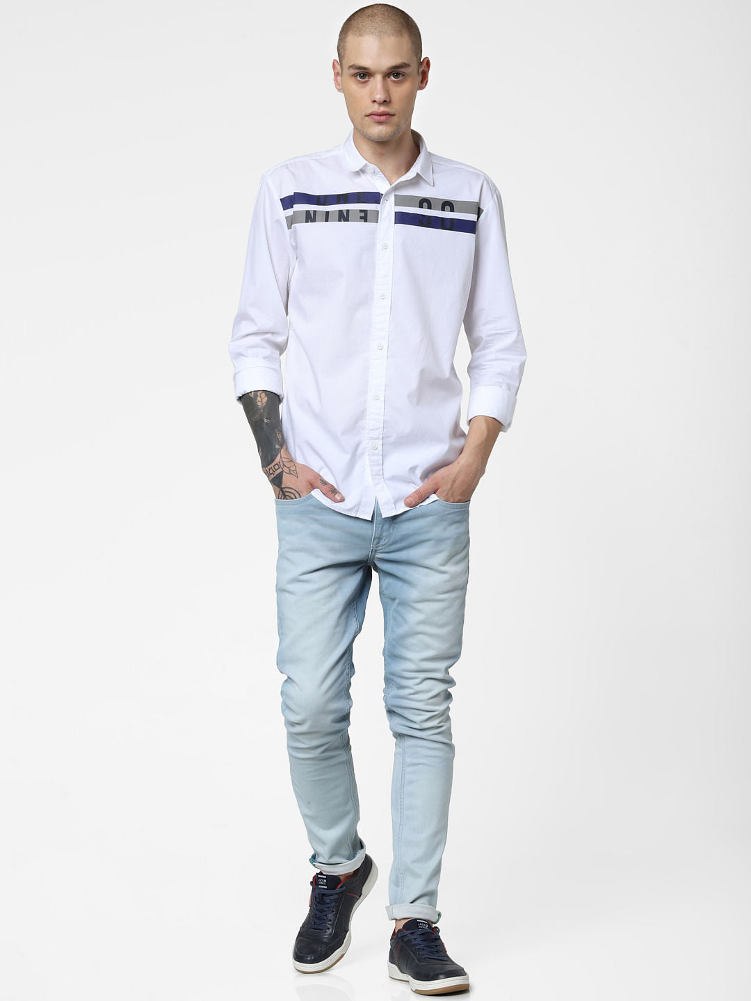 White Patch Print Full Sleeves Shirt