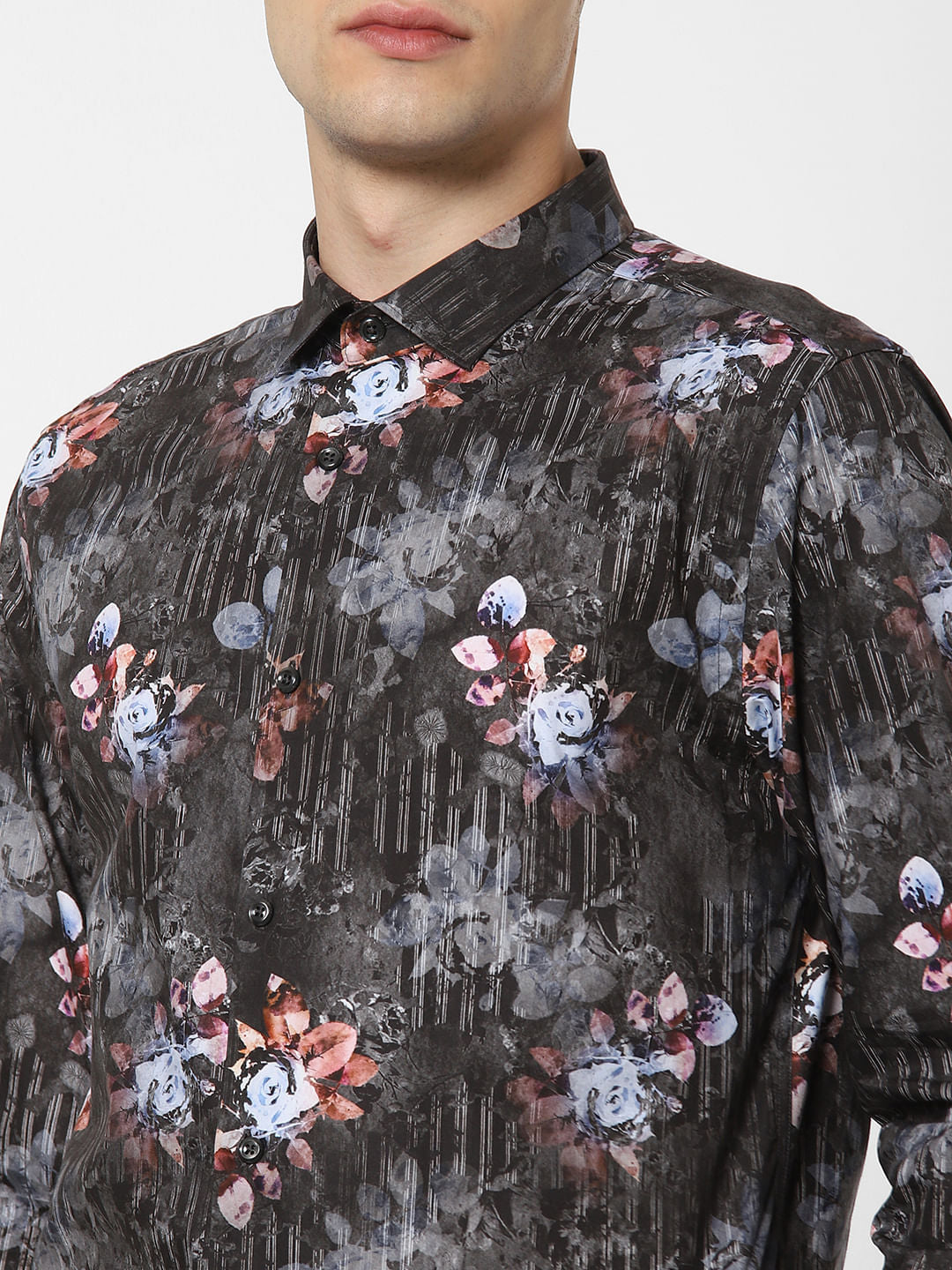 Dark Grey Floral Print Full Sleeves Shirt