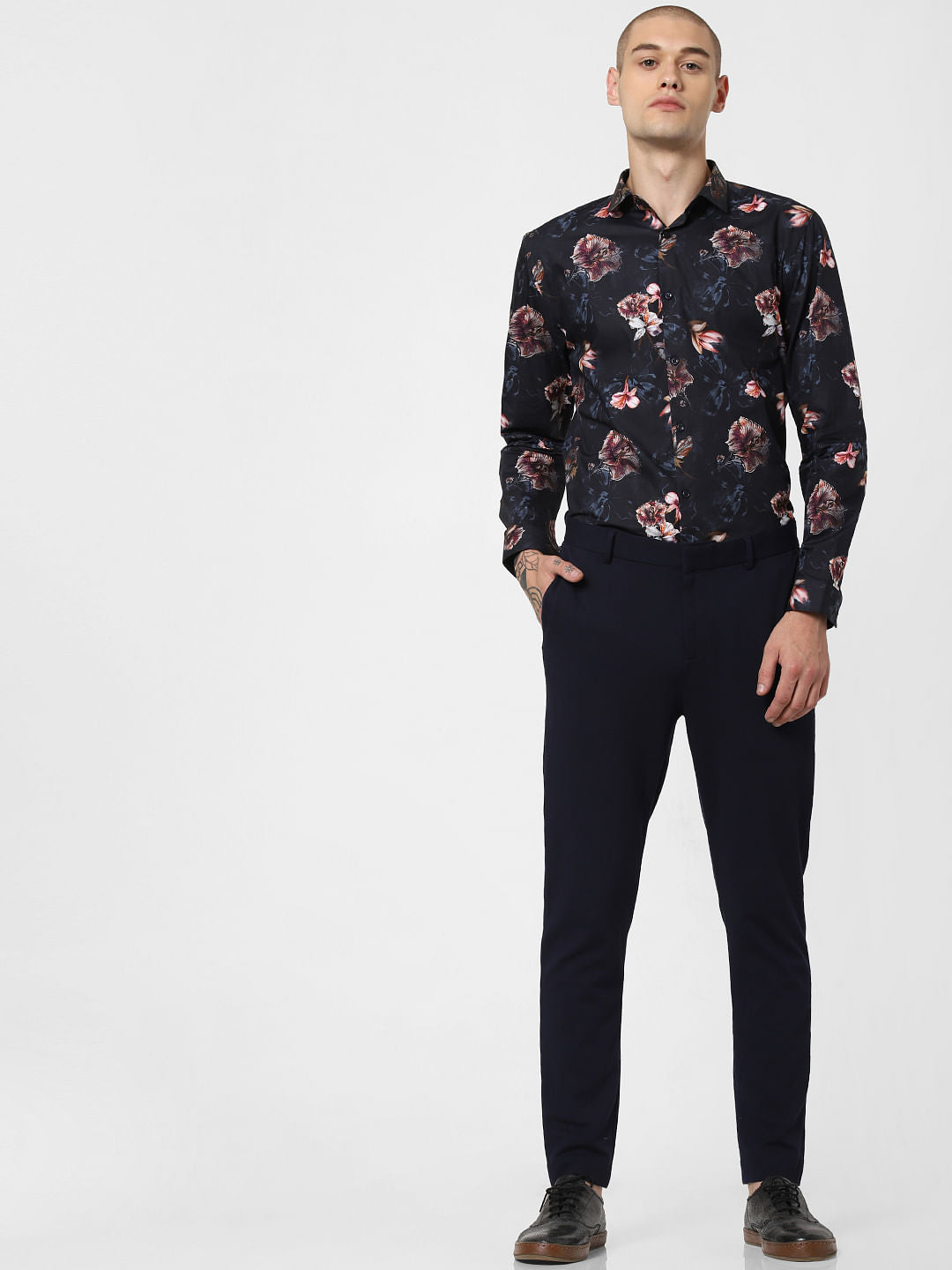 Navy Blue Floral Print Full Sleeves Shirt