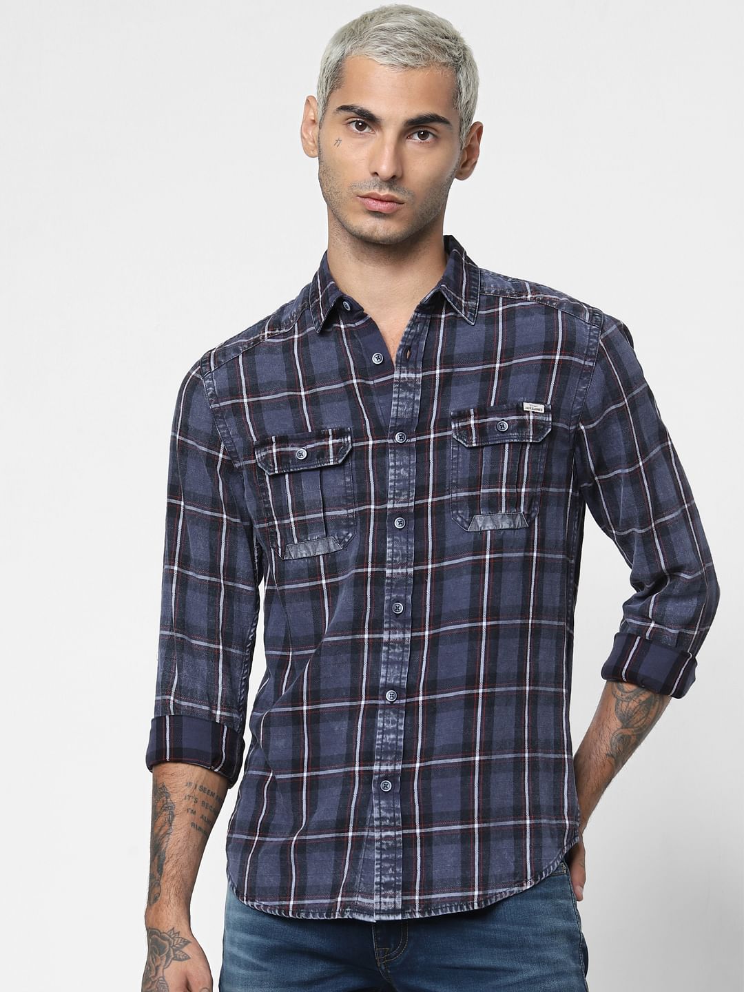 Dark Blue Check Denim Full Sleeves Shirt