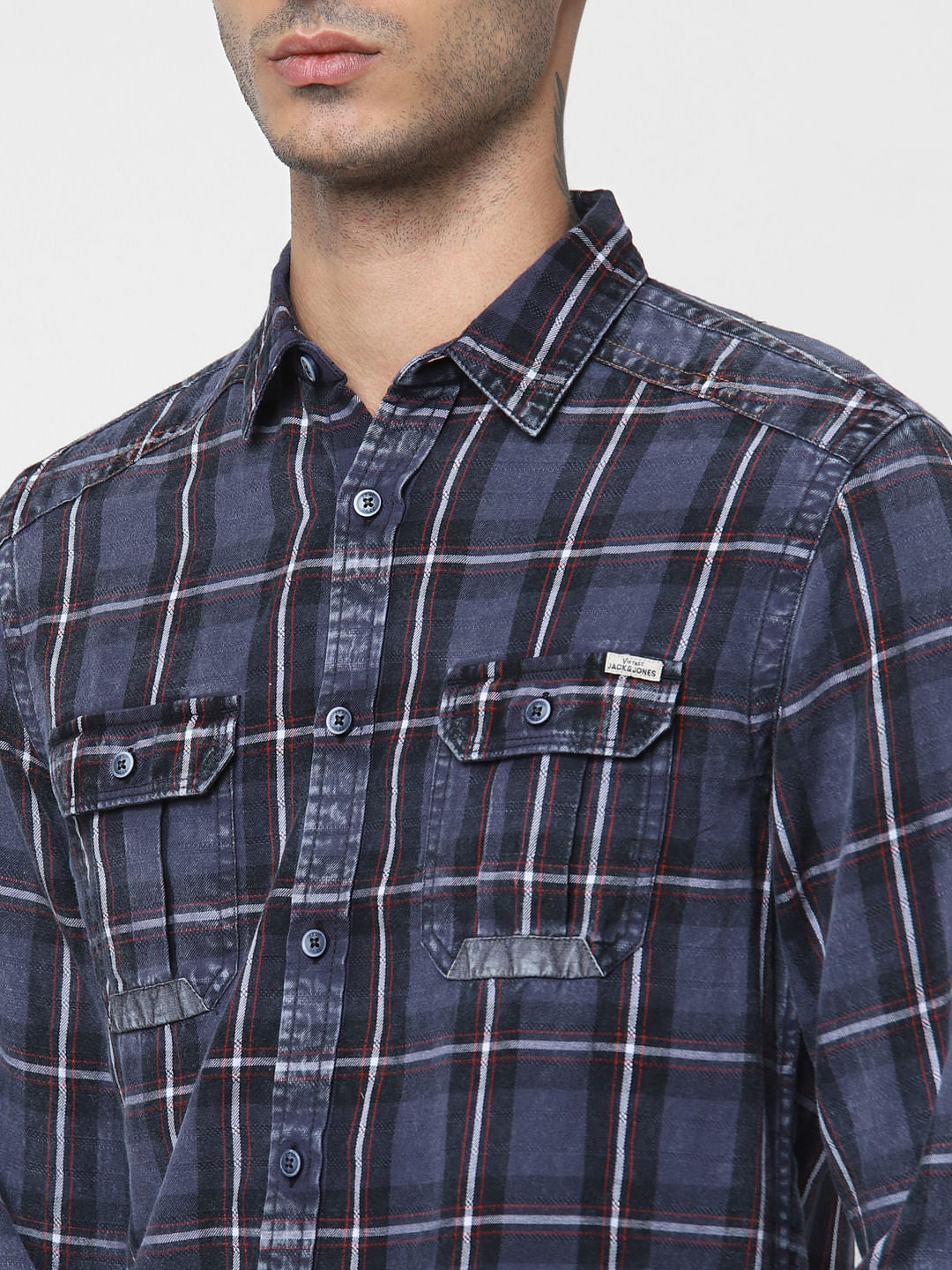 Dark Blue Check Denim Full Sleeves Shirt