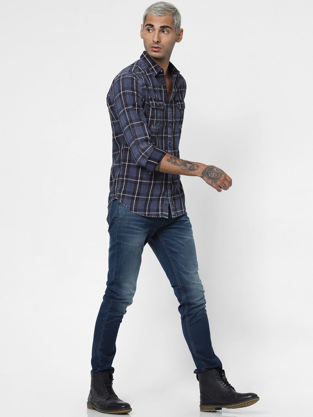 Dark Blue Check Denim Full Sleeves Shirt