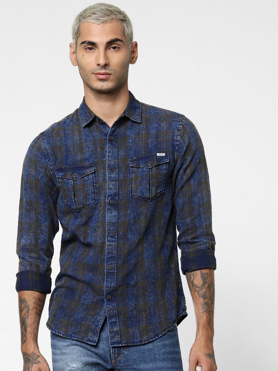 Dark Brown Check Denim Full Sleeves Shirt