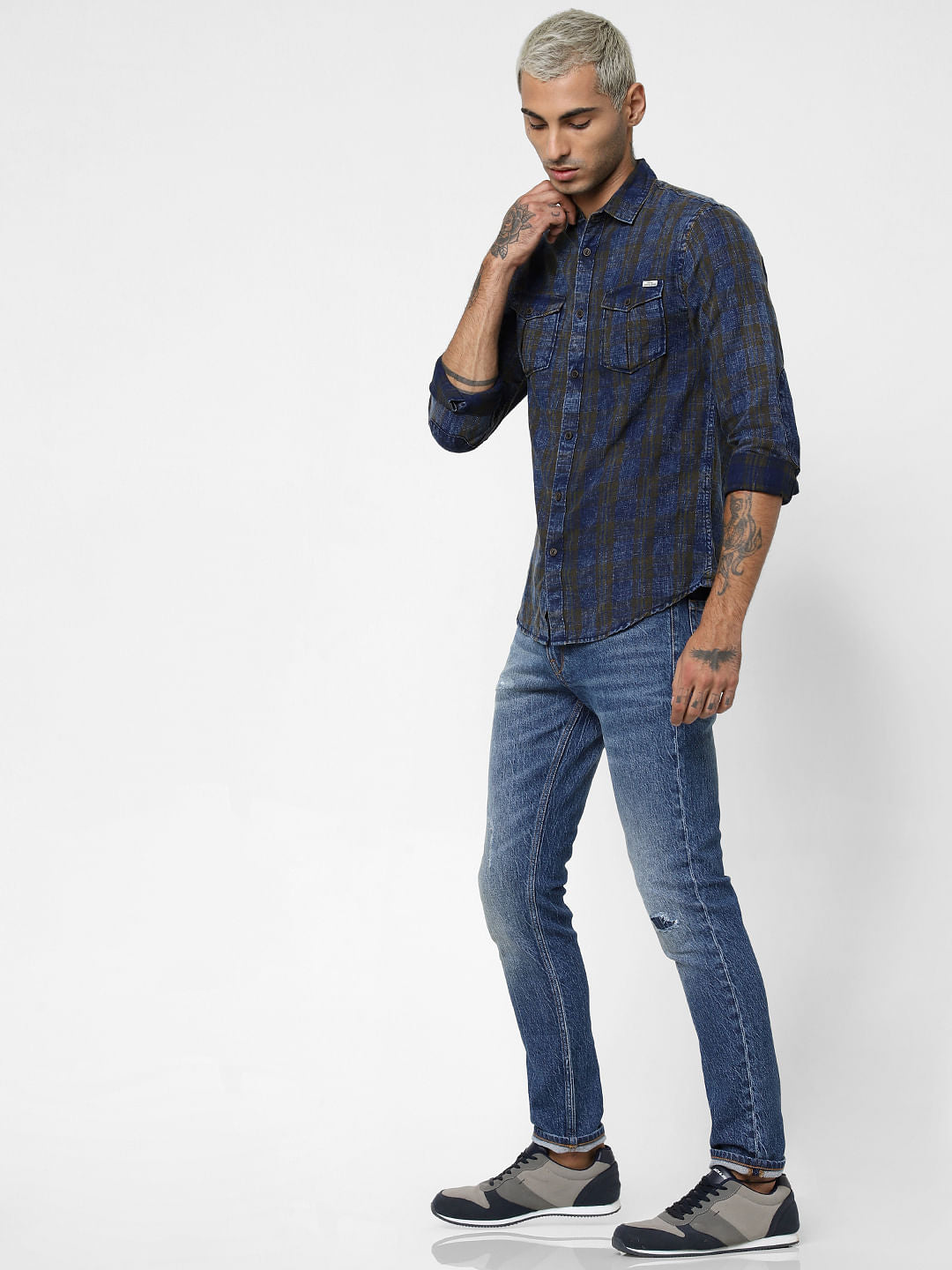 Dark Brown Check Denim Full Sleeves Shirt