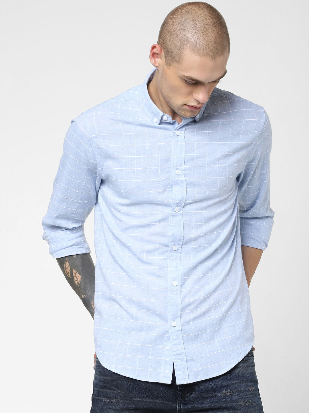 Light Blue Check Print Full Sleeves Shirt