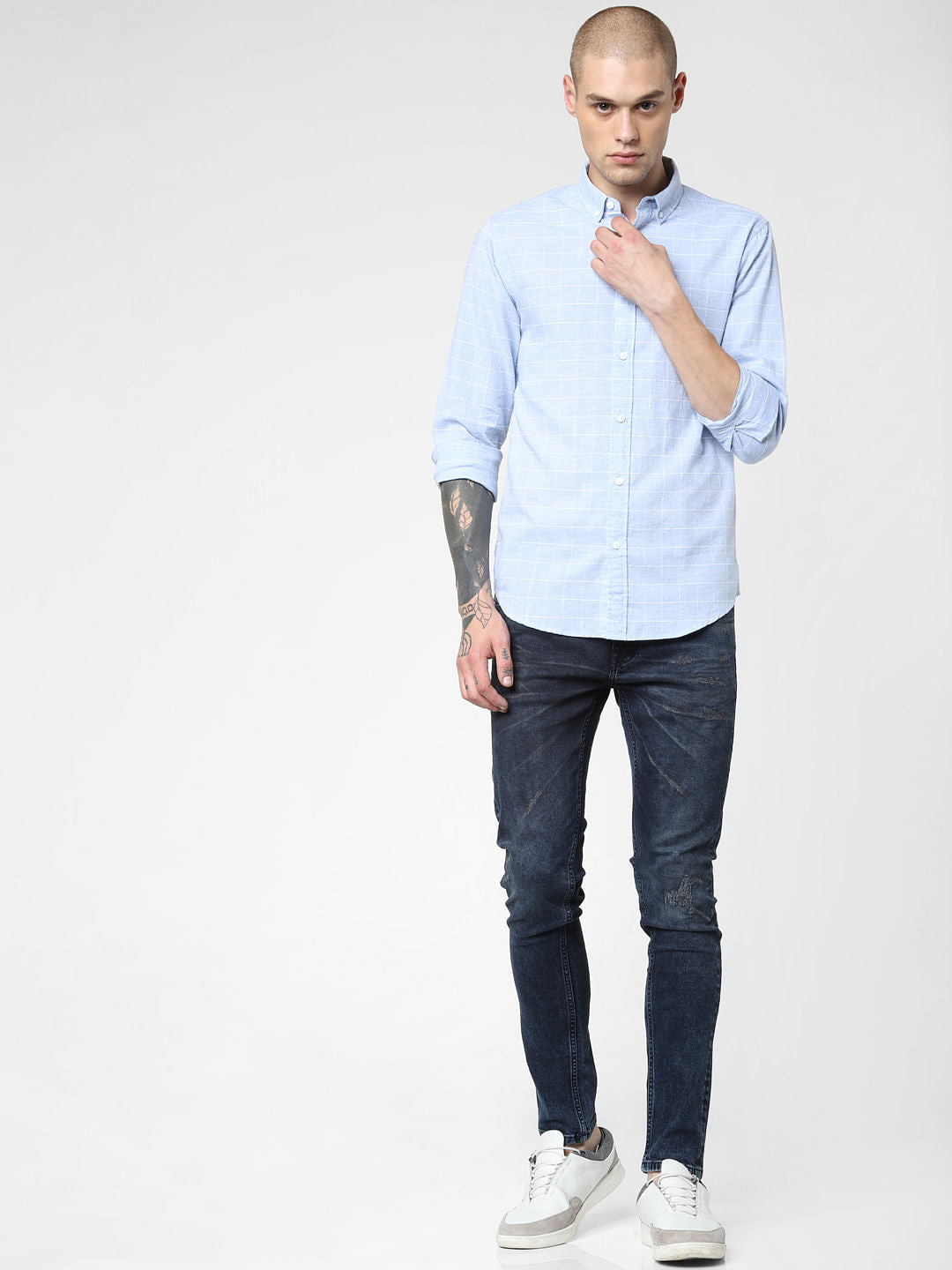 Light Blue Check Print Full Sleeves Shirt