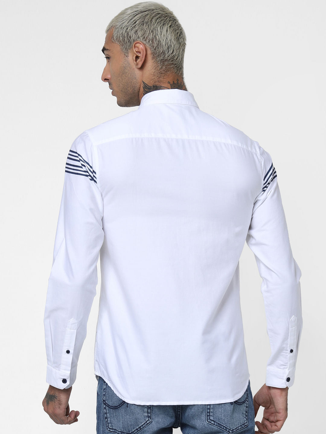 White Striped Patch Full Sleeves Shirt