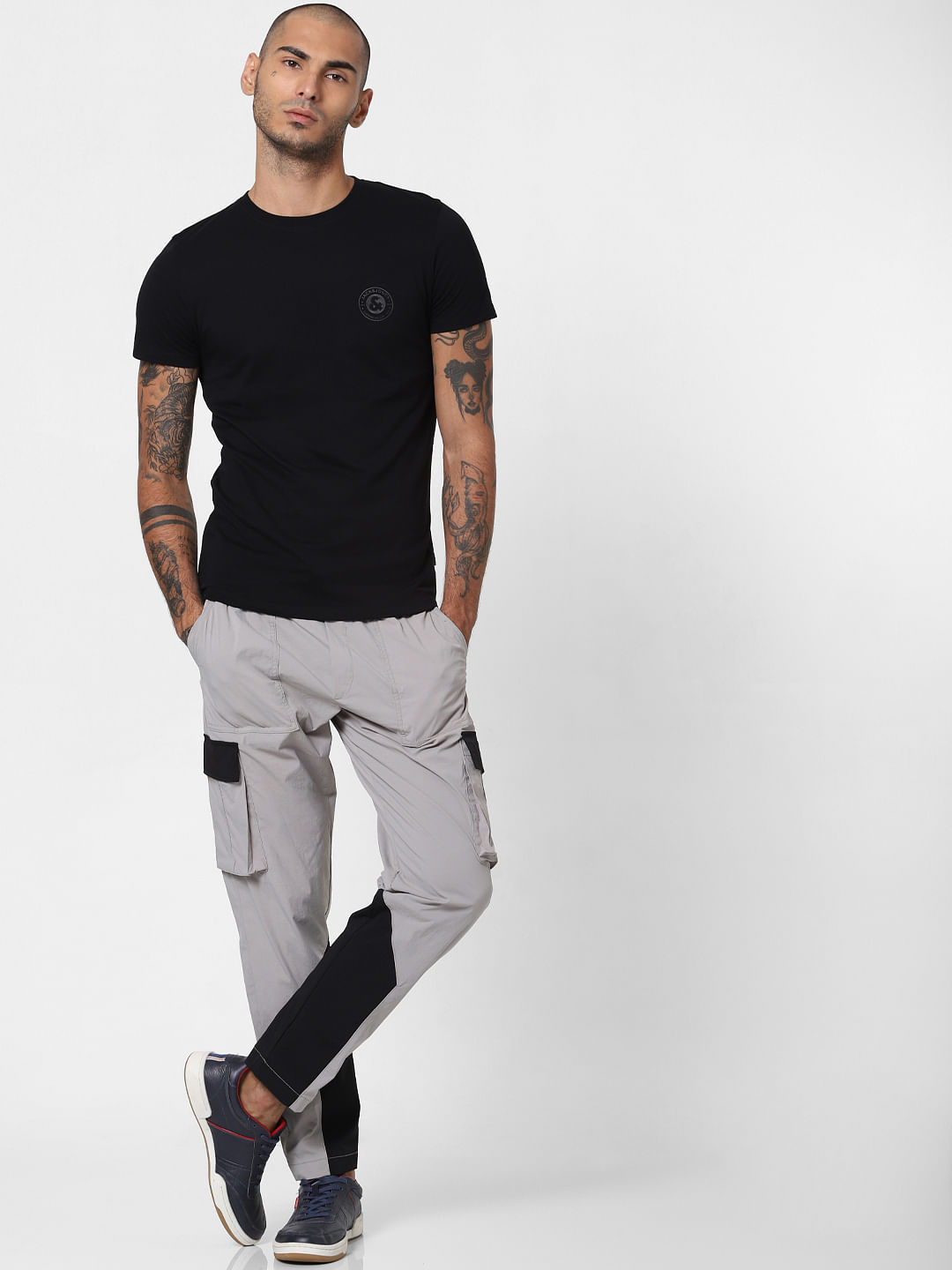 Grey Mid Rise Colourblocked Cargo Pants