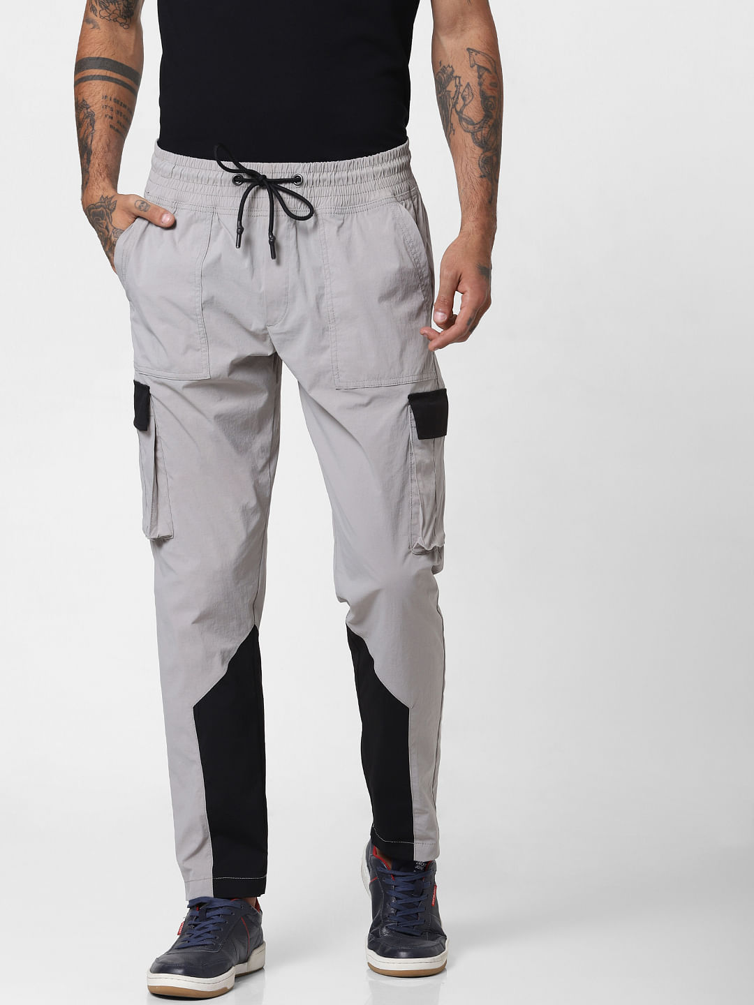 Grey Mid Rise Colourblocked Cargo Pants