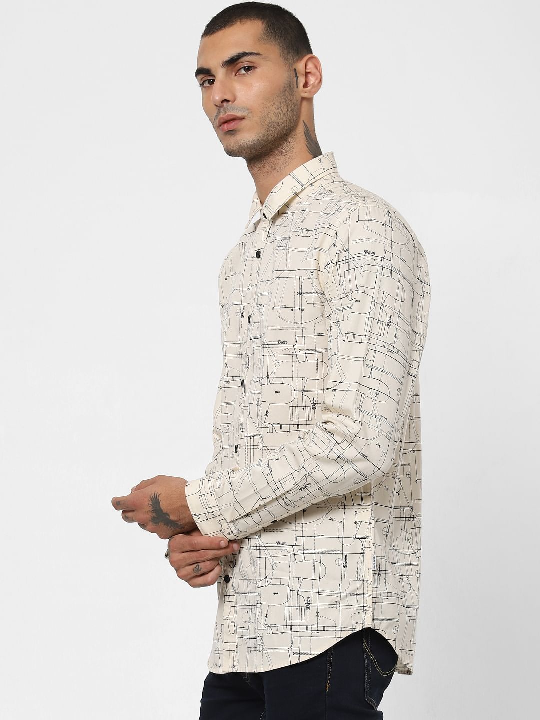 Cream All Over Print Full Sleeves Shirt