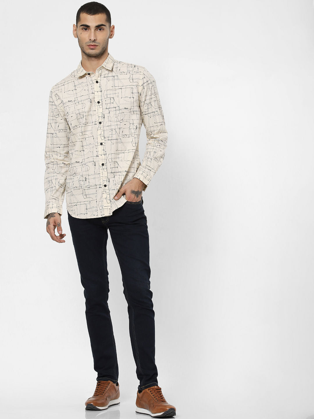 Cream All Over Print Full Sleeves Shirt