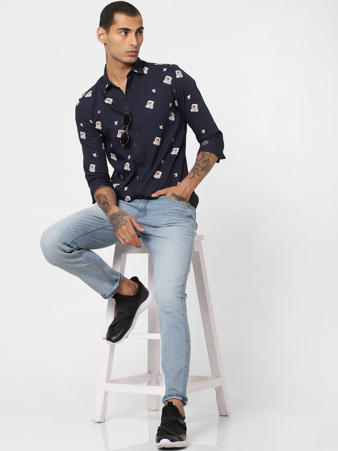 Navy Blue All Over Print Full Sleeves Shirt