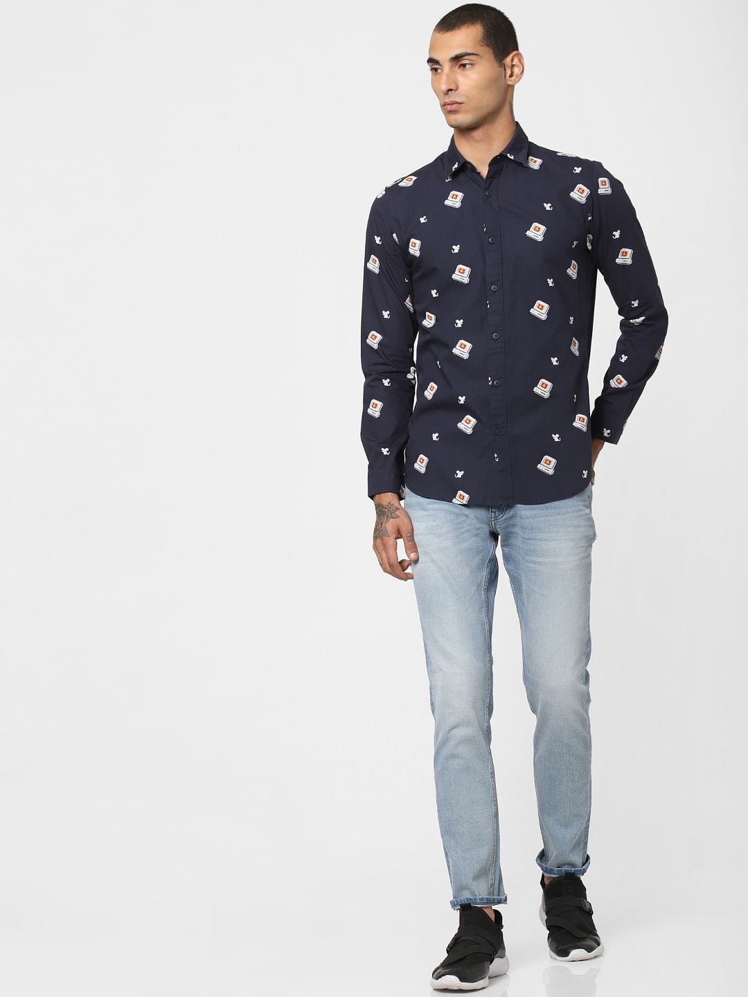Navy Blue All Over Print Full Sleeves Shirt