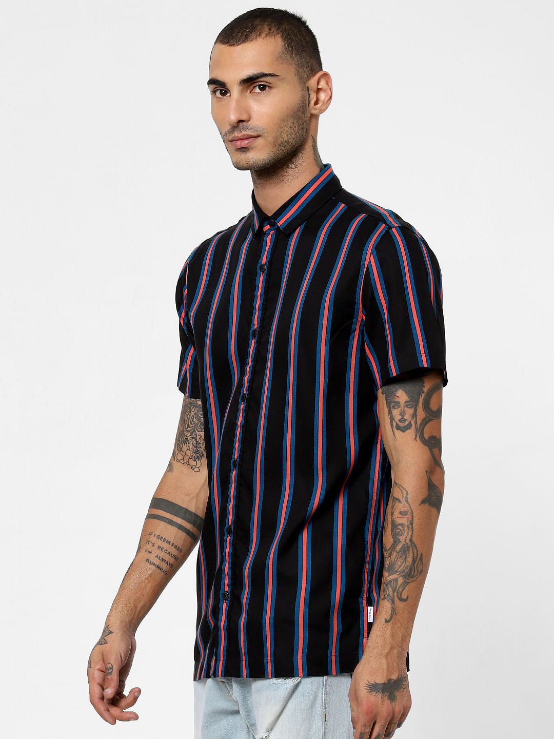 Black Striped Short Sleeves Shirt