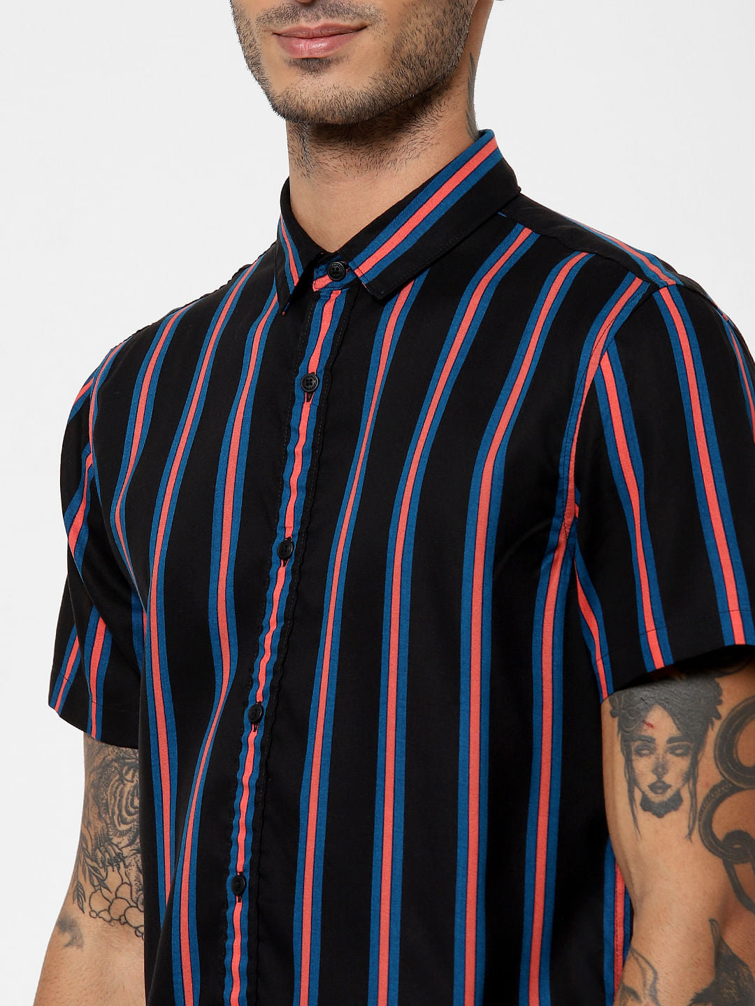 Black Striped Short Sleeves Shirt
