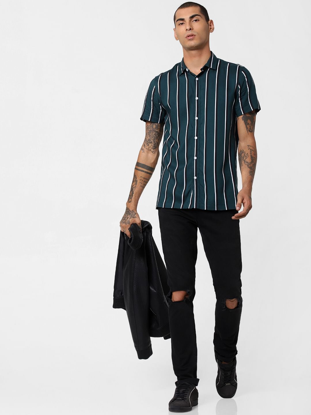 Green Striped Short Sleeves Shirt