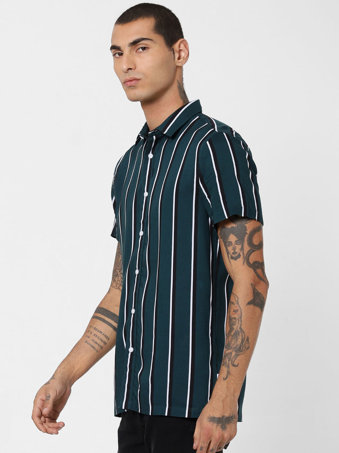 Green Striped Short Sleeves Shirt