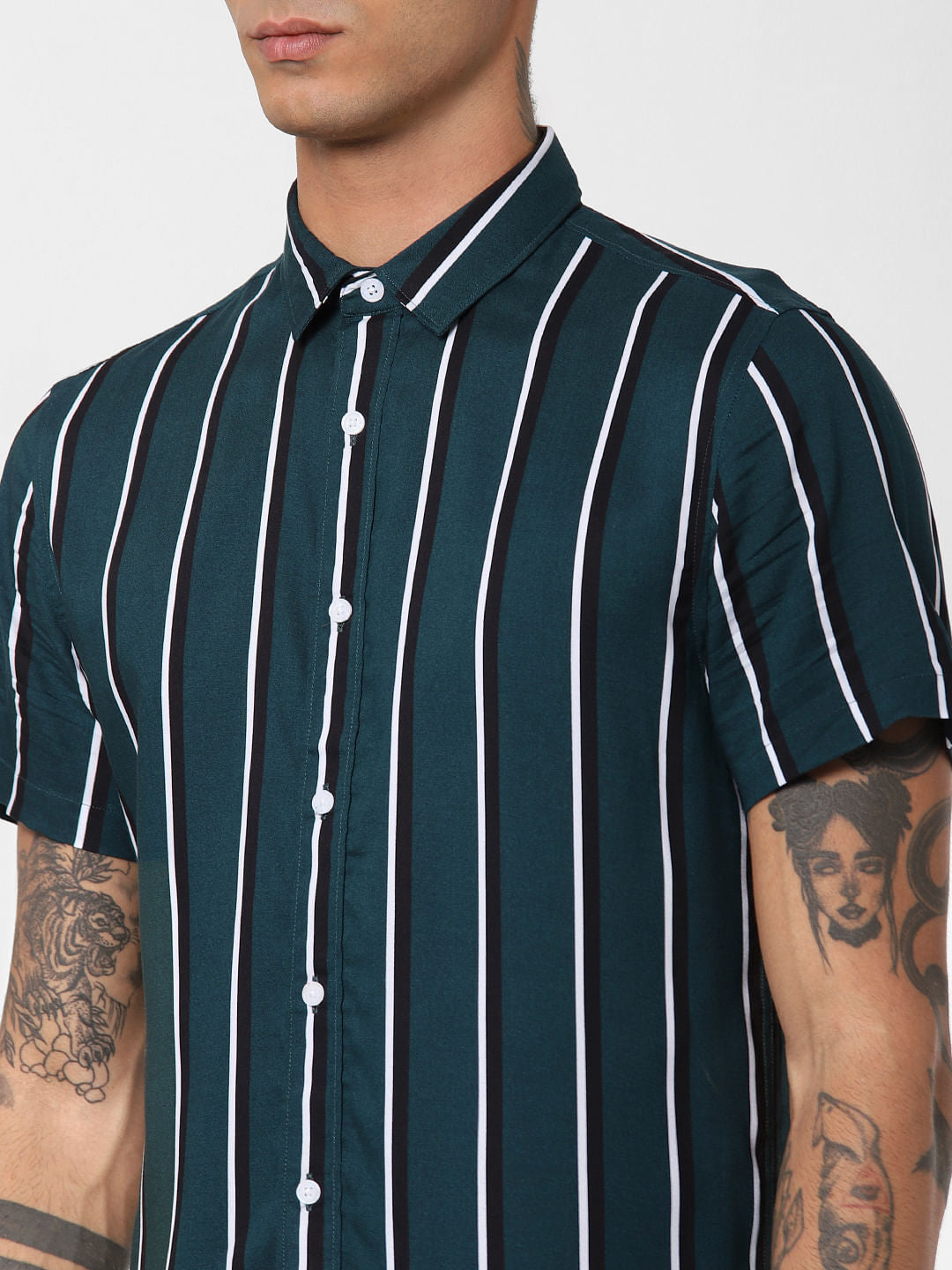 Green Striped Short Sleeves Shirt