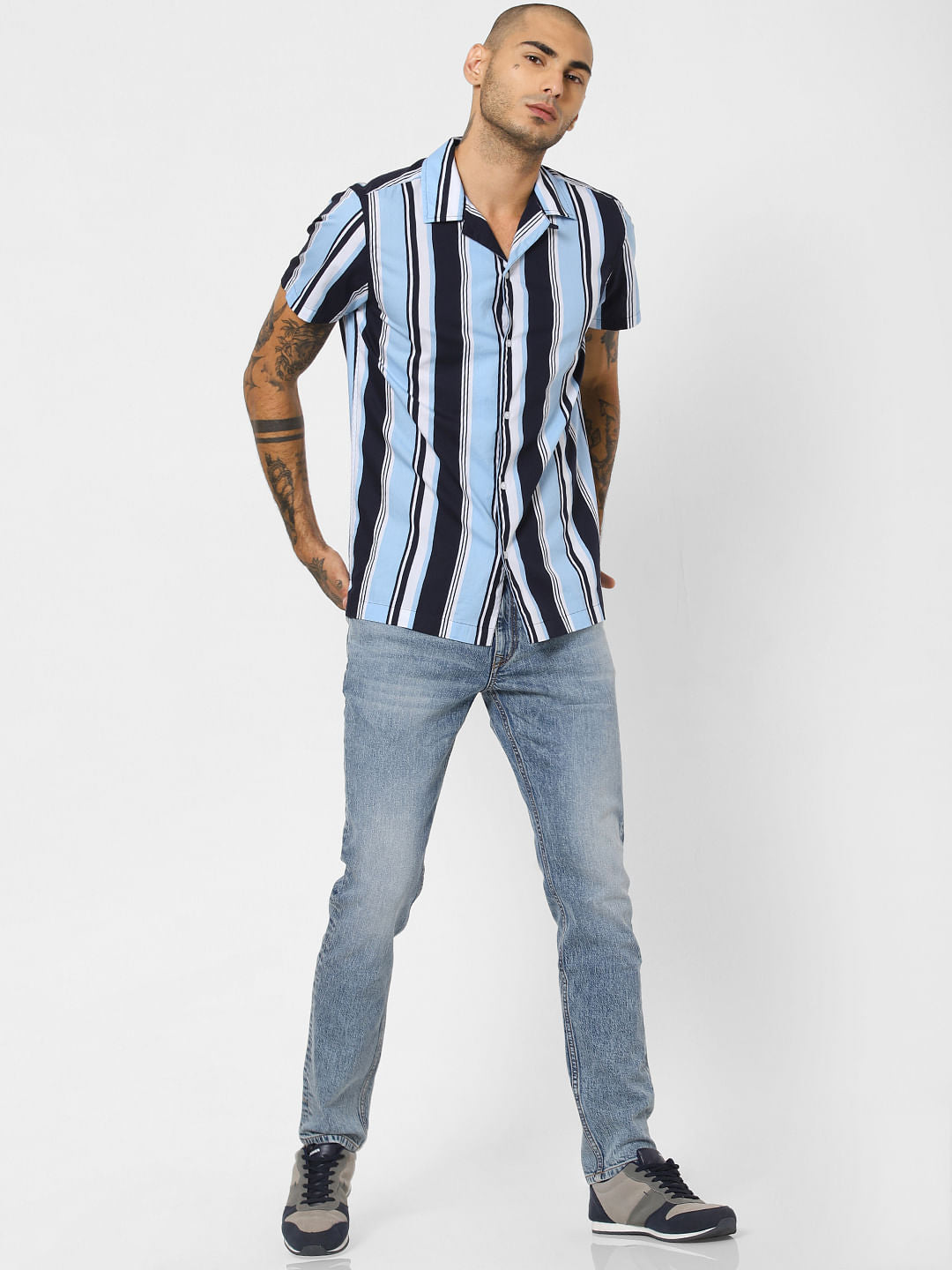 Blue Striped Short Sleeves Shirt