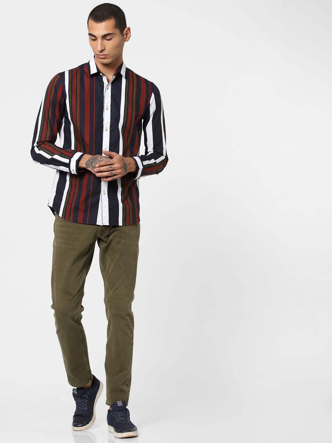 Navy Blue Striped Full Sleeves Shirt