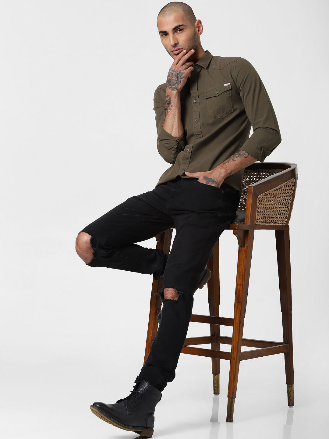 Dark Green Washed Full Sleeves Shirt