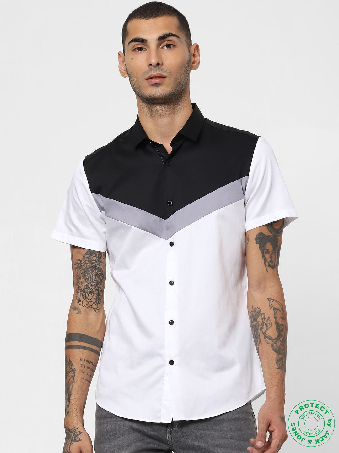 White Colourblocked Short Sleeves Shirt