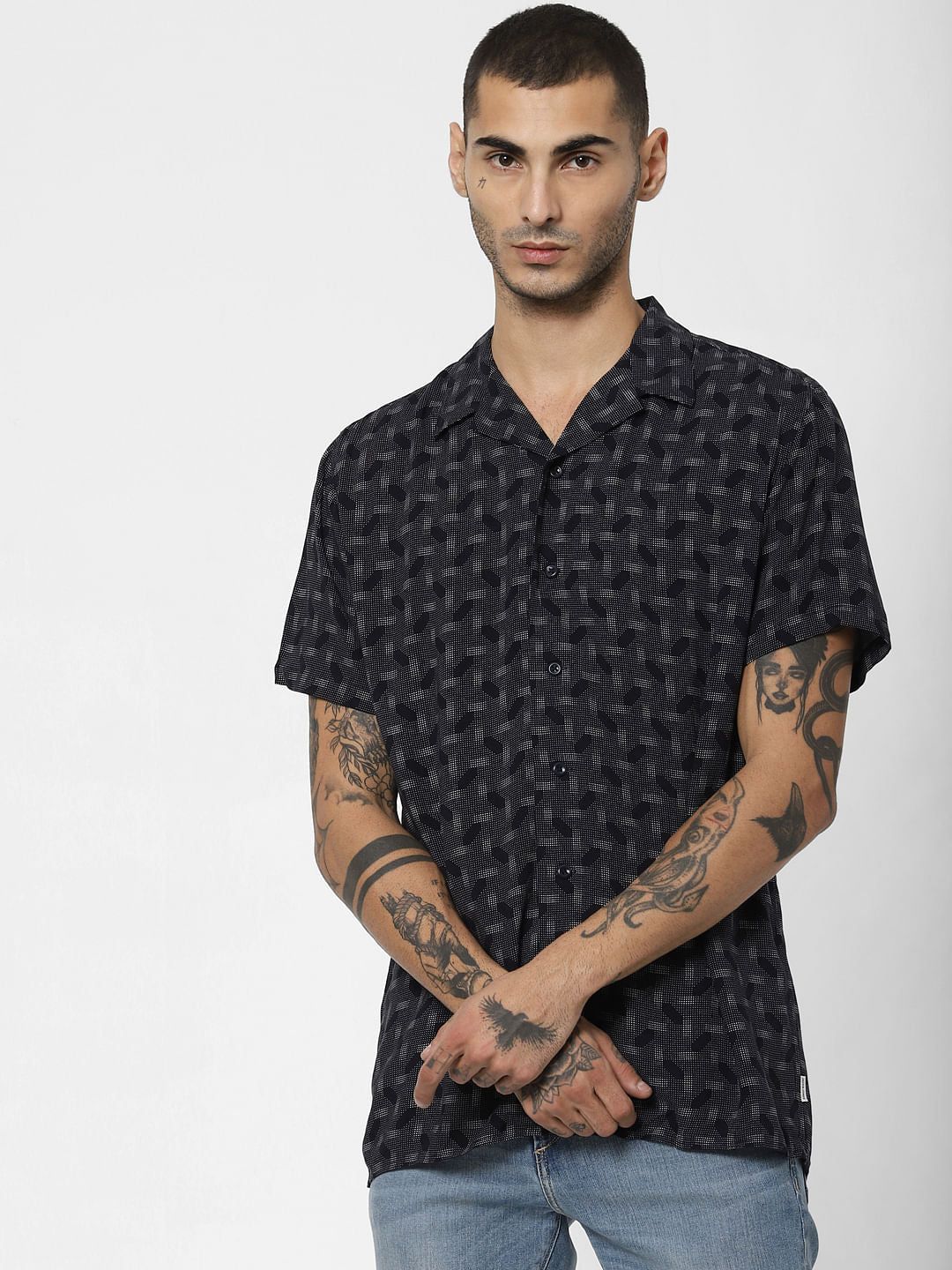 Dark Blue Printed Short Sleeves Shirt