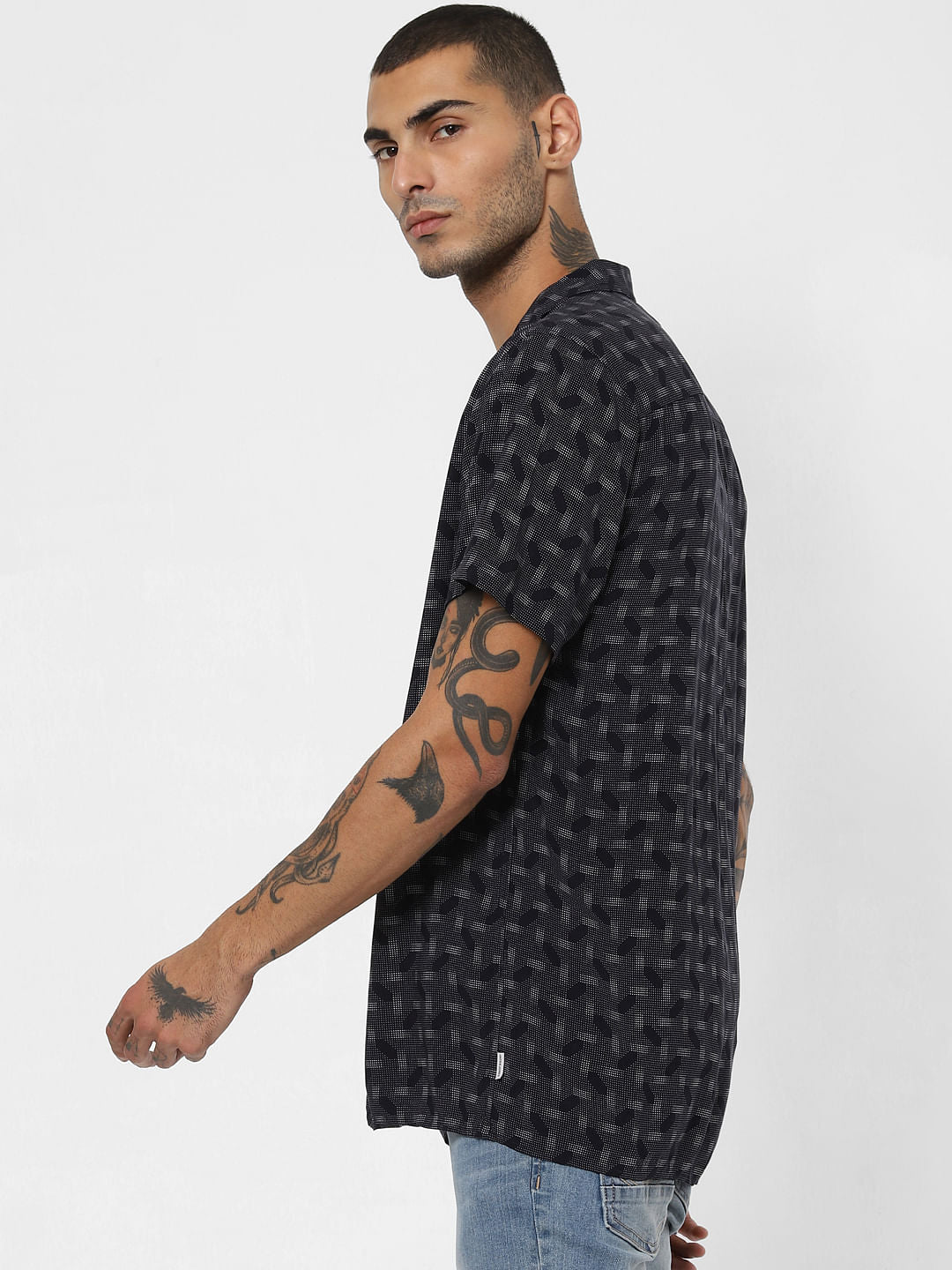 Dark Blue Printed Short Sleeves Shirt