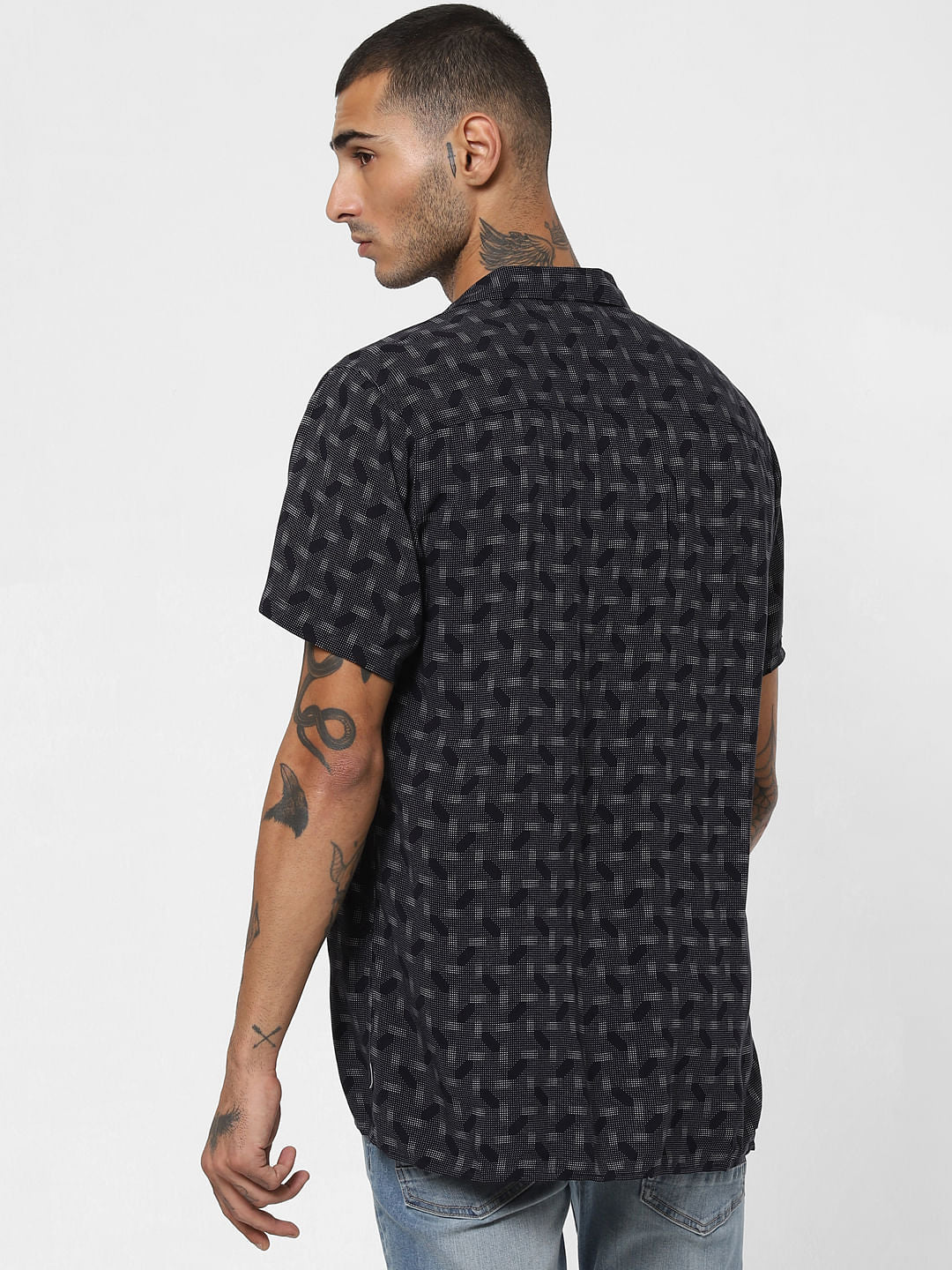 Dark Blue Printed Short Sleeves Shirt