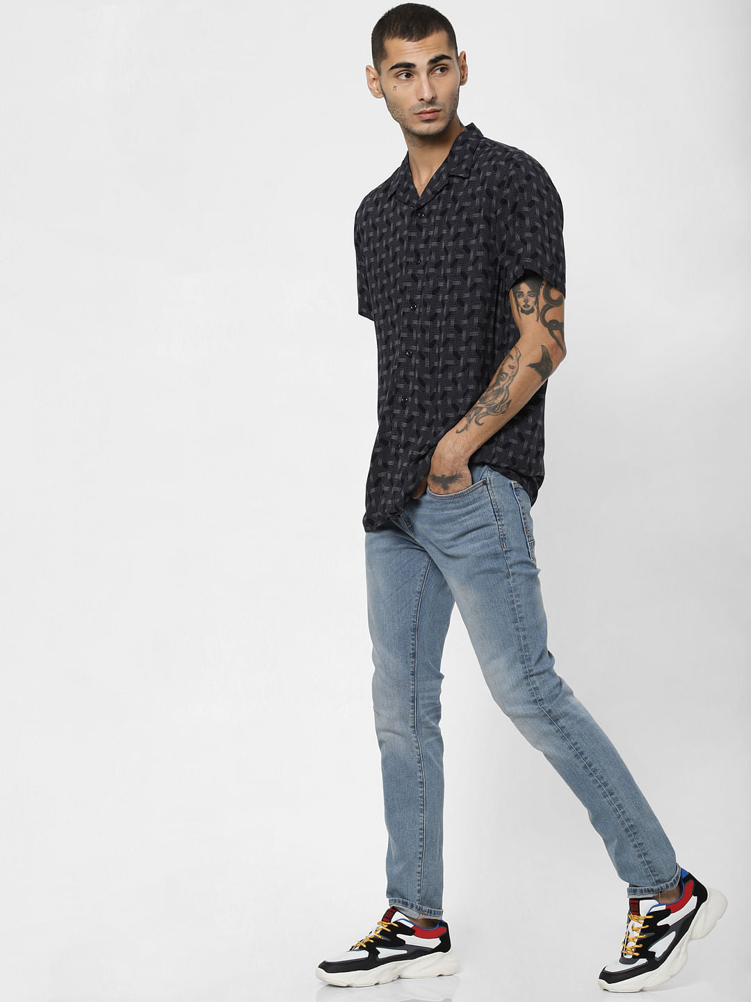 Dark Blue Printed Short Sleeves Shirt