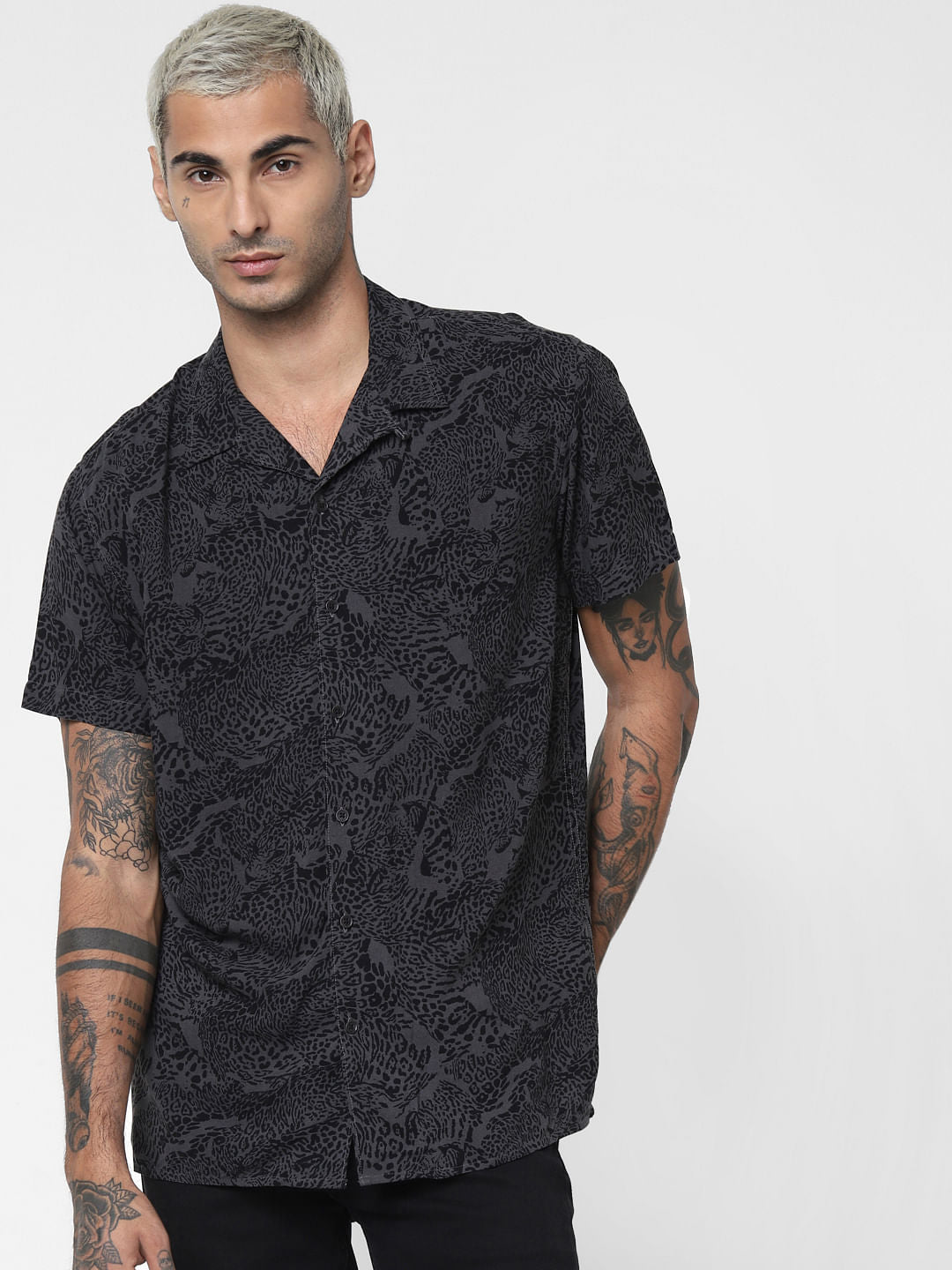 Dark Grey Animal Print Short Sleeves Shirt