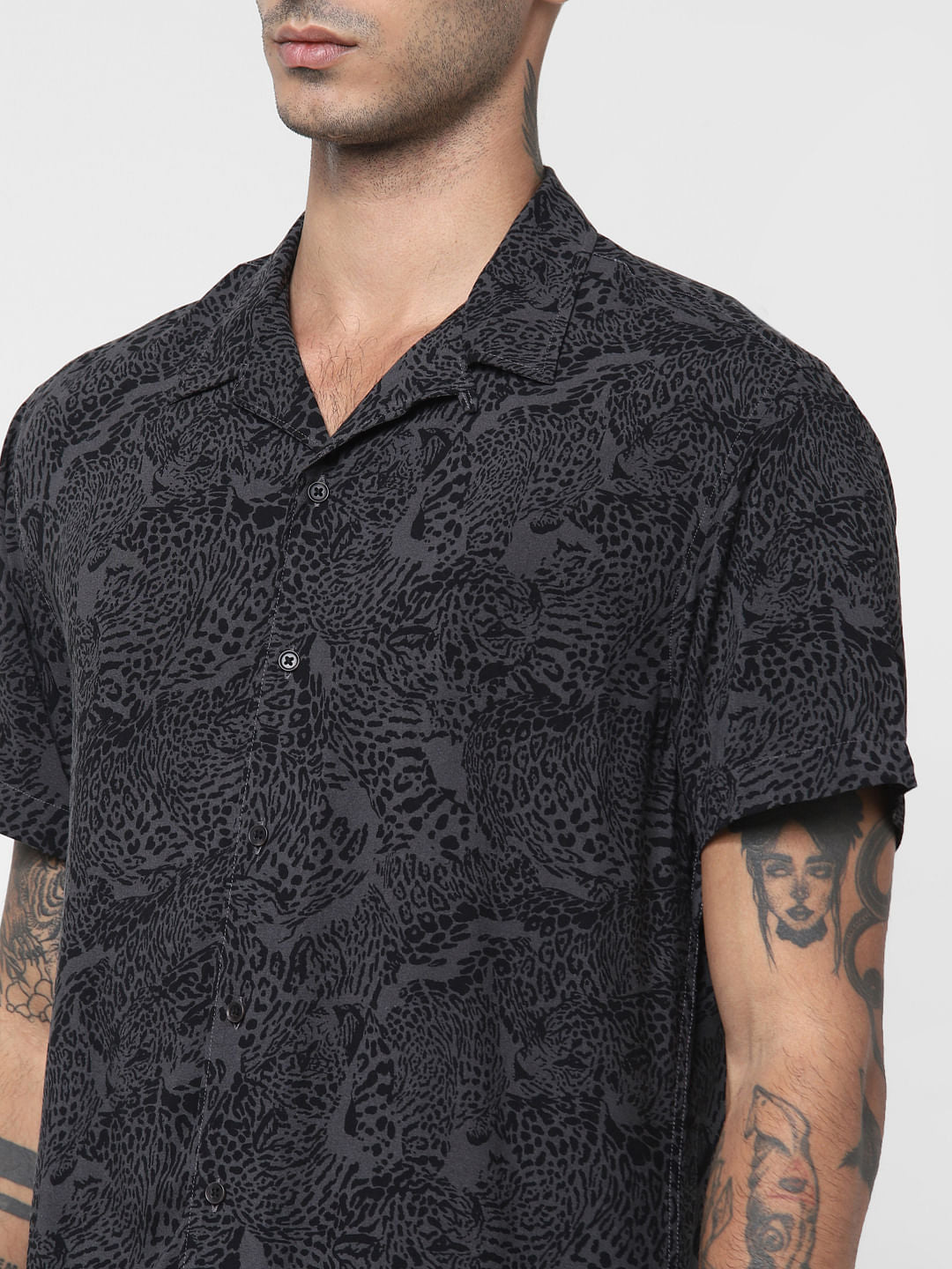 Dark Grey Animal Print Short Sleeves Shirt