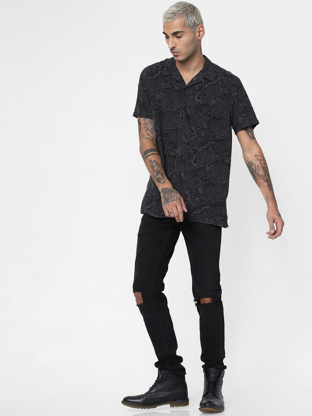 Dark Grey Animal Print Short Sleeves Shirt
