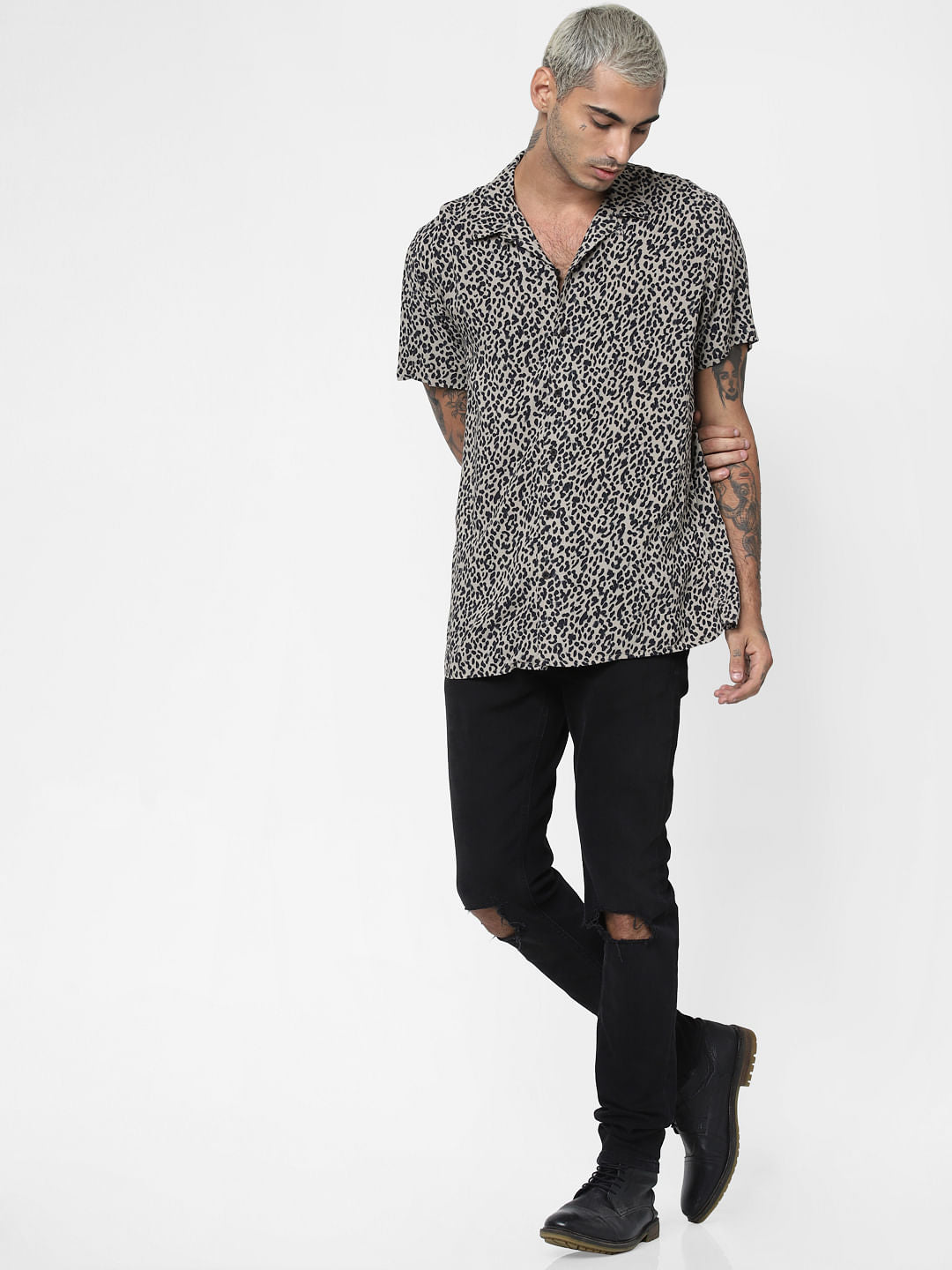 Black Animal Print Short Sleeves Shirt