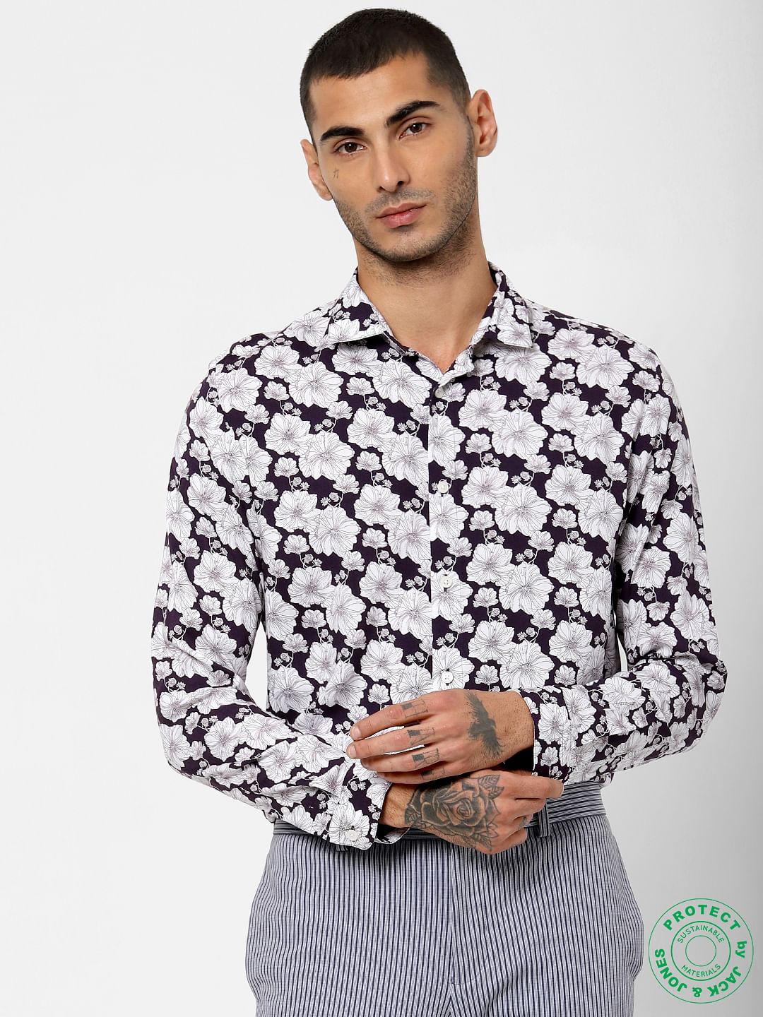 Dark Purple Floral Print Full Sleeves Shirt