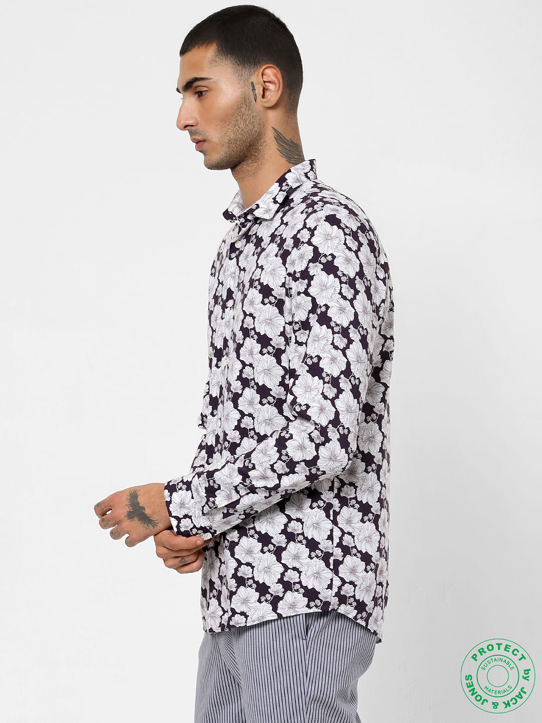 Dark Purple Floral Print Full Sleeves Shirt