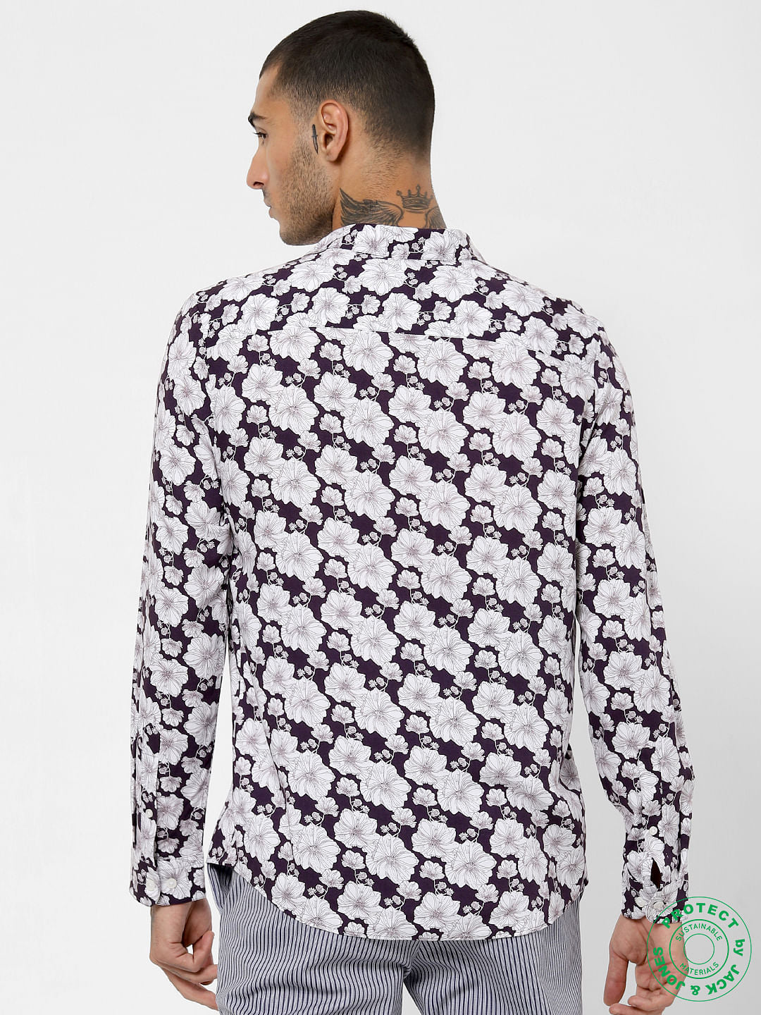 Dark Purple Floral Print Full Sleeves Shirt