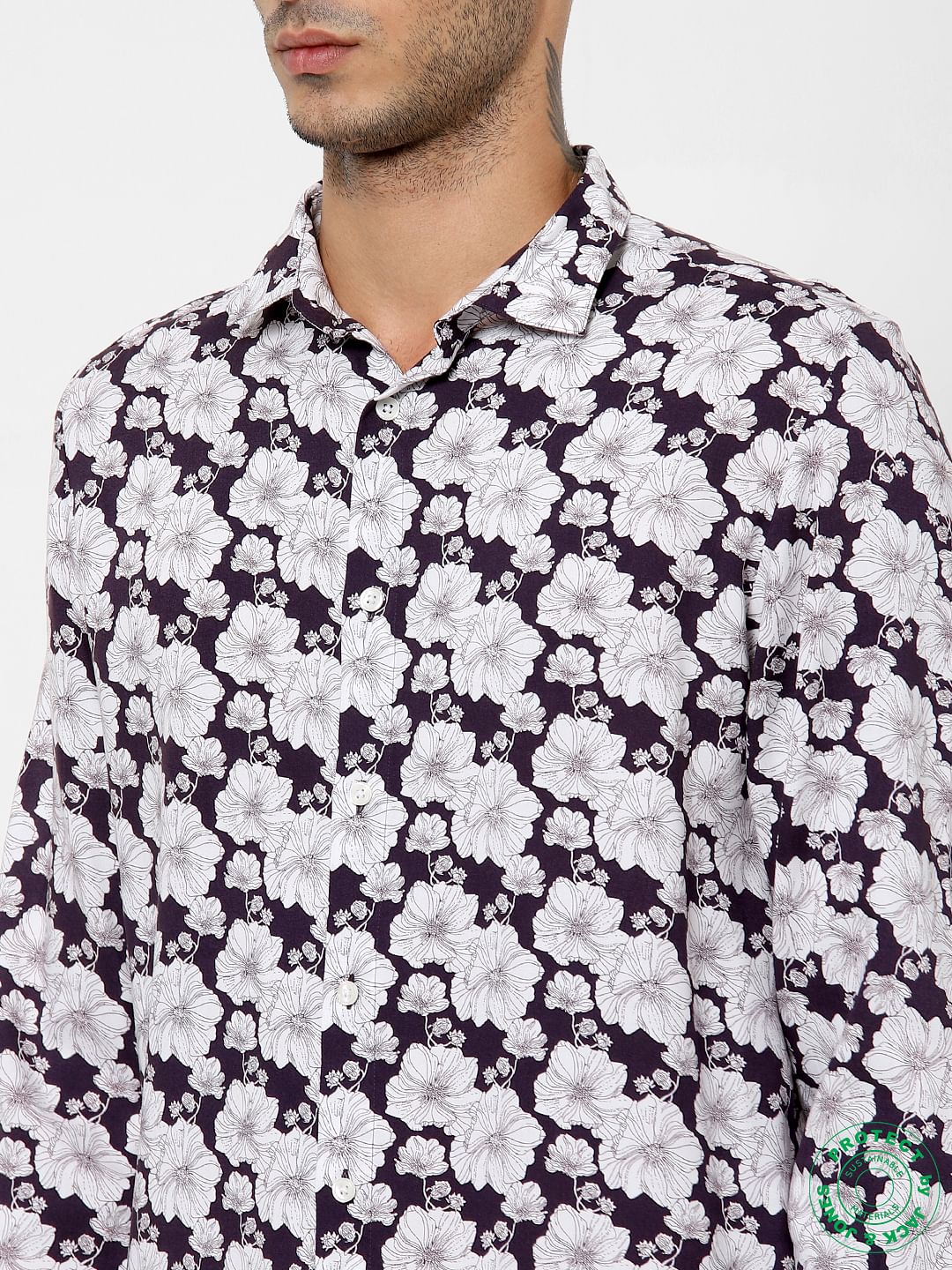Dark Purple Floral Print Full Sleeves Shirt