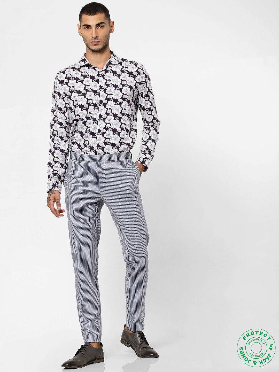 Dark Purple Floral Print Full Sleeves Shirt