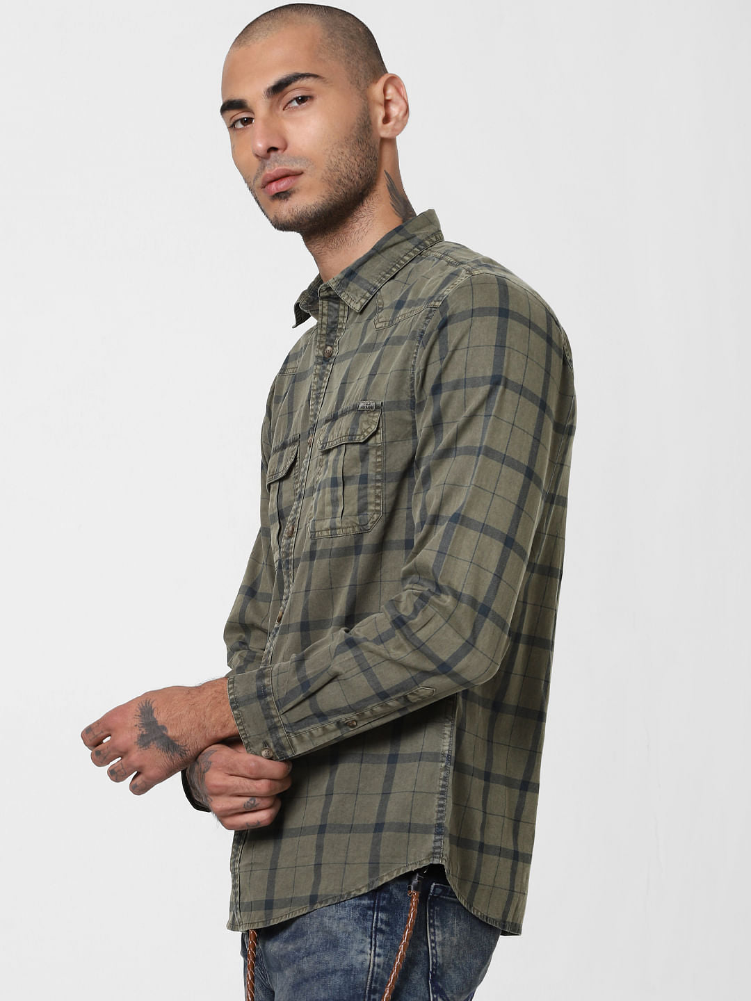 Khaki Overdyed Check Full Sleeves Shirt